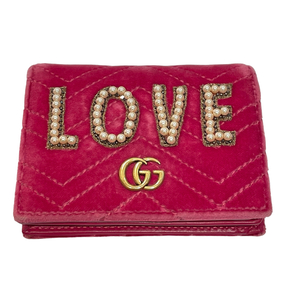 グッチ GUCCI GGマーモント LOVE カードケース 466492 ワインレッド べロワ 二つ折り財布 レディース 中古