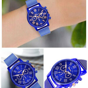 腕時計 時計 ギリシャ文字 ステンレス メッシュ アナログ メンズ クォーツ ファッション時計 男女兼用 オシャレ ウォッチ ブルーの画像3