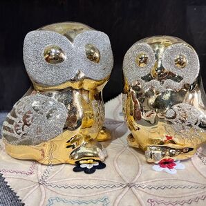 金色 貯金箱 フクロウ親子