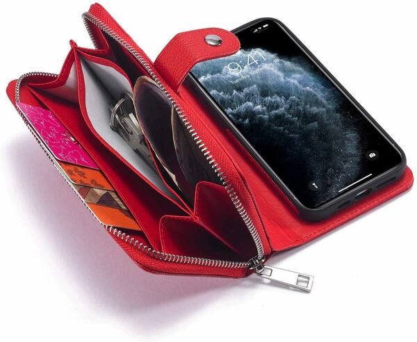 iPhone 13 Pro max レザーケース アイフォン13 プロ　マックス　ケース 手帳型 お財布付き カード収納 財布型 赤