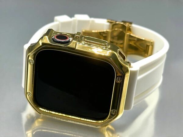 ホワイト&ゴールド アップルウォッチバンド ラバーベルト Apple Watch カバー　ケース メンズ レディース 38mm40mm41mm42mm44mm45mm