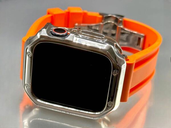オレンジ シルバー アップルウォッチバンド ラバーベルト Apple Watch カバー　ケース メンズ レディース 38mm40mm41mm42mm44mm45mm
