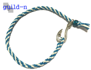 guild-n ★ マリンブルー＋白 青 釣り針 フィッシュフック ヘンプ 麻 アンクレット ブレスレット 腕 足用 ミサンガ メンズ レディース