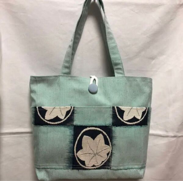リメイクジュエ261★水色つむぎ市松模様★ハンドメイド★帯リメイク★トートバッグ