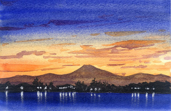 Nr. 8396 See in der Abenddämmerung / Chihiro Tanaka (Vier Jahreszeiten Aquarell) / Kommt mit einem Geschenk, Malerei, Aquarell, Natur, Landschaftsmalerei