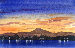 Art hand Auction No. 8396 Lac au crépuscule / Chihiro Tanaka (Aquarelle des Quatre Saisons) / Livré avec un cadeau, Peinture, aquarelle, Nature, Peinture de paysage