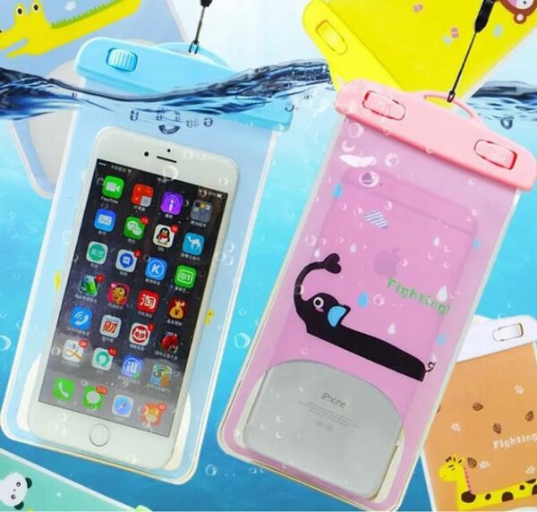 【高性能】紐付　水に浮く　スマホ防水ケース　エアバッグ　ピンク 強化ガラスフィルム iPhone