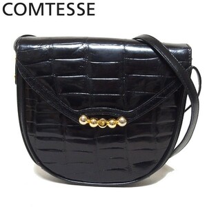 *COMTESSE Logo metal fittings crocodile Mini shoulder bag pochette black Gold Vintage diagonal .. Conte s*