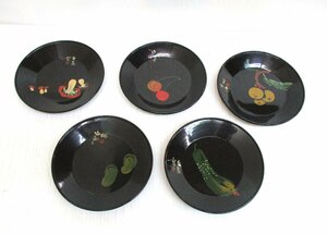 ★ 93828 銘々皿 5枚 漆器 菓子器 野菜・果物柄 素朴な柄 直径14ｘ高さ2cm レトロ ★*