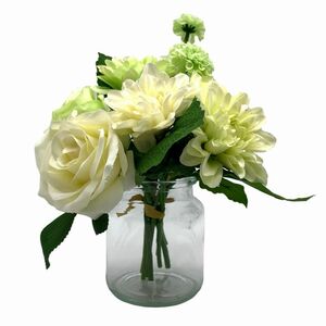 Art hand Auction 造花 バラ ダリア ガラスの花瓶入り シンプル (ホワイト×グリーン), ハンドクラフト, 手工芸, アートフラワー, 押し花, 一般