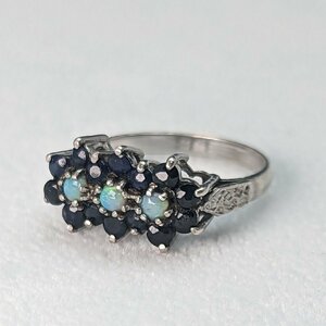  Britain Vintage jewelry dark blue Stone & opal 3 ream flower silver ring ring 