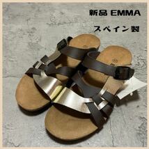 新品定価8580円 EMMA エマ コンフォートサンダル レザー スペイン製 ベルト ブラウン ゴールド サイズ37 23.5㎝ 玉FL2866_画像1