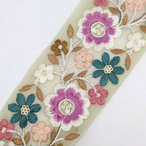 インド刺繍リボン 約60mm 花模様 モスグリーンメッシュ カラフル