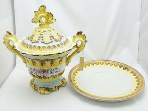 23-H-358【未使用】Capodimonte カポディモンテ　イタリア製　蓋つき菓子鉢　菓子器　皿　プレート　キャンディーポット　小物入れ　保管品