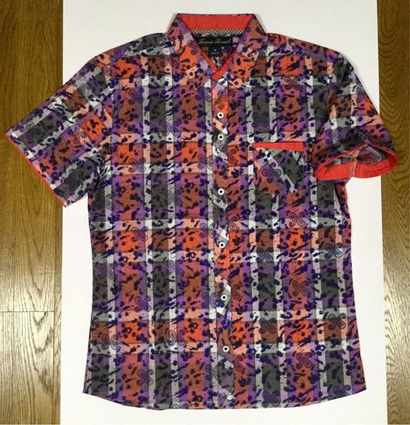 新品「Tropic Beach」ペイズリー柄×チェック柄 半袖シャツ Red×Parple SIZE:S Slim-Fit ペルー製