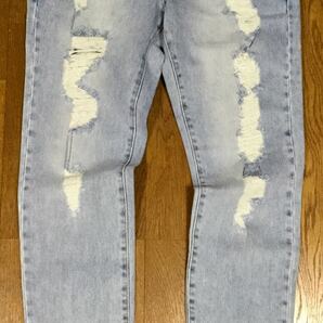 8.5@ 新品「FORCAP’S」“BOYFRIEND DAMAGE MODEL” クラッシュ加工 ストレッチ テーパードジーンズ S-Blue SIZE:32