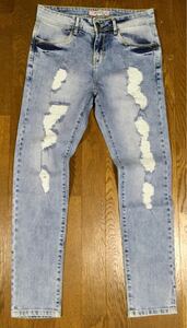 新品「FORCAP’S」“BOYFRIEND DAMAGE MODEL” クラッシュ加工 ストレッチ テーパードジーンズ S-Blue SIZE:30