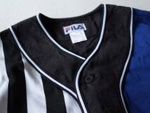 レア ■ 90's ビンテージ　FILA フィラ ベースボールシャツ ゲームシャツ　M (大きめ) 黒白ストライプ 青　香港製 アンティーク USA古着 ■_画像2