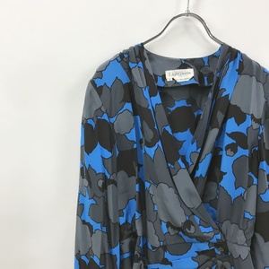 シルク100%★Light Preta 長袖デザインシャツ 総柄 シルク100% ブルー ブラック サイズ9 レディース