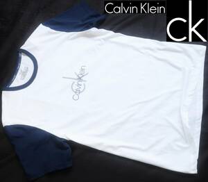 新品★カルバンクライン★リンガー Tシャツ★ホワイト ネイビー★ロゴプリント★半袖 カットソー 白 紺 XL★Calvin Klein☆881