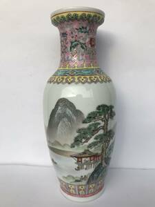 中国景徳鎮製　花瓶　粉彩 山水　通景　漢詩文 高さ約25.5cm 中国 時代物 色絵 風景