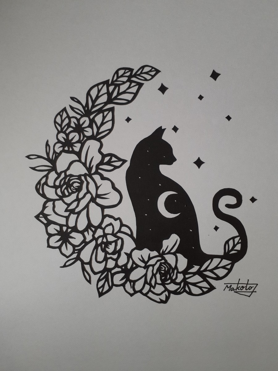 Arte de corte de papel: gato y rosas bajo las estrellas, Obra de arte, Cuadro, Collage, Cortando papel