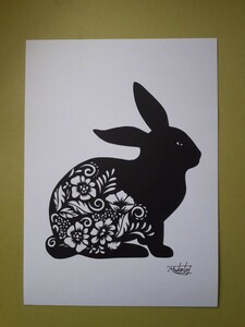 Art hand Auction 切り絵アート 花模様ラビット, 美術品, 絵画, はり絵, きり絵