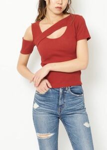 スパイラルガール　アシンメトリーネックカットトップス　オレンジレッド　半袖　カットソー tシャツ ワンショルダー エモダ　h&m