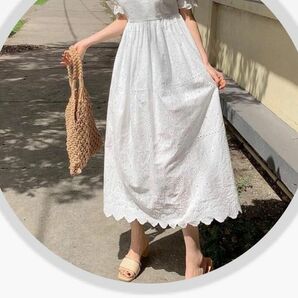 即納】Bohemian Scalloped Cotton Dress 白ワンピ マキシ丈 スカラップレースインポート