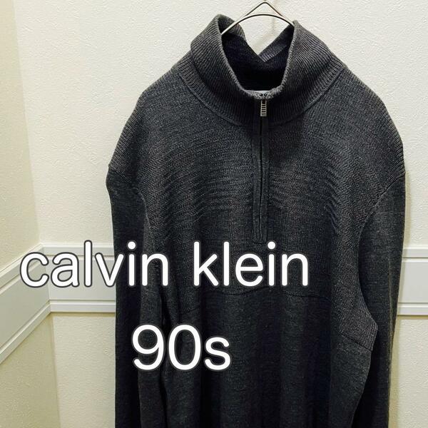 calvin klein ハーフジップ　ウール　ニット 90s グレー　薄手