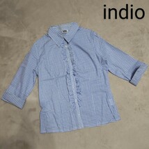 indio インディオ フリル ブラウス シャツ ギンガムチェック ブロック チェック 半袖 ハンドメイド リメイク はぎれ ハギレ 生地 布地 布 _画像1