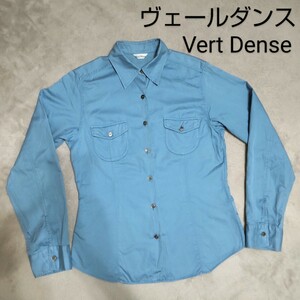  Vert Dense shirt blouse blue blue light blue sombreness blue M size cotton made in Japan tops on goods remake old clothes costume retro 