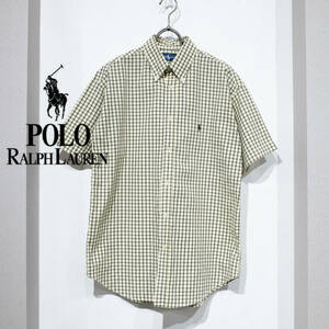 【美品】S / 90’s Vintage Ralph Lauren YARMOUTH ポロラルフローレン チェック コットン BD 半袖シャツ 古着 イエロー グレー 黄色