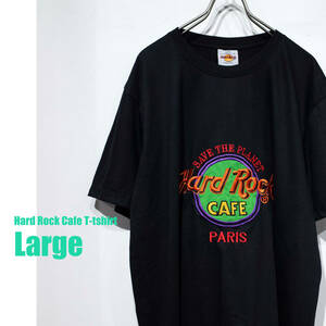 【USA製】L / HARD ROCK CAFE PARIS ハードロックカフェ パリ 刺繍入り クルーネック デカロゴ Tシャツ 黒 ブラック オレンジ 赤 美品！