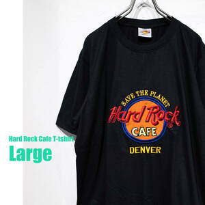 【USA製】L / HARD ROCK CAFE DENVER ハードロックカフェ デンバー 刺繍入り クルーネック デカロゴ Tシャツ 黒 ブラック オレンジ 赤 美品