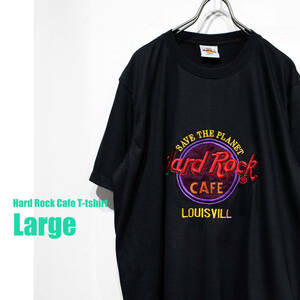 【USA製】L / HARD ROCK CAFE LOUISVILL ハードロックカフェ ルイビル 刺繍 クルーネック デカロゴ Tシャツ 黒 ブラック 赤 黄色 美品！