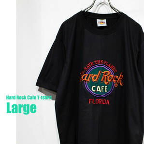 【USA製】L / HARD ROCK CAFE LOS FLORIDA ハードロックカフェ フロリダ 刺繍 デカロゴ クルーネックTシャツ 黒 ブラック マルチカラー