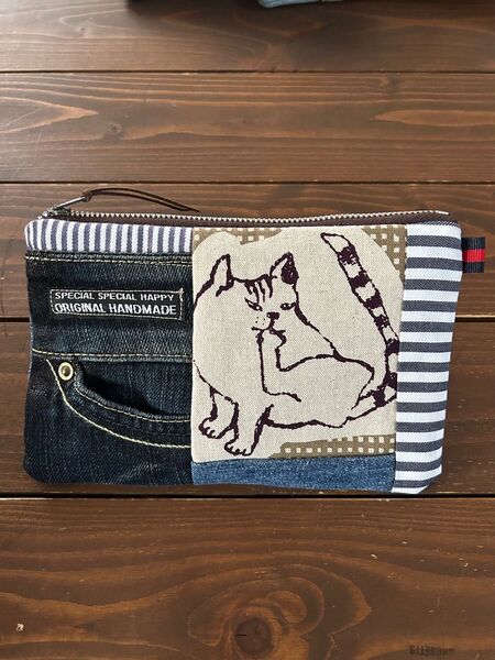 リメイクデニムポーチ ハンドメイド ねこ