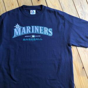 USA古着 Majestic マジェスティック MARINERS マリナーズ Tシャツ メンズ Mサイズ MLB 野球 ゲーム チーム ネイビー アメリカ仕入 T2148