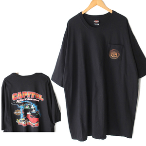 US輸入 ビッグサイズ◎Harley-Davidson Tシャツ 胸ポケットスカル CAPITOL LANSING　ブラック(4XL)