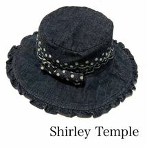 Shirley Temple シャーリーテンプル キッズ 52cm デニム ドット リボン ハット 帽子 フリル あごゴム付 濃いインディゴ_画像1
