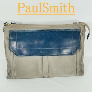 【良品】PaulSmith ポールスミス ショルダーバッグ レザー カーキ 青