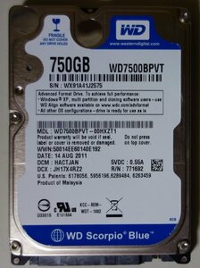 3684 2.5インチ 内蔵SATAハードディスク 750GB 9.5mm 5400rpm WesternDigital WD7500BPVT-00HXZT1 Mac/Win 使用11873時間 正常