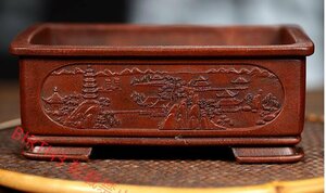 Art hand Auction Manager's special selection: Purple clay bonsai pot, flower pot, square pot, landscape, relief, purple clay painting, square, handmade, width 11 * height 5.2 * length 15.3cm, bonsai, Bonsai Tools, Pot