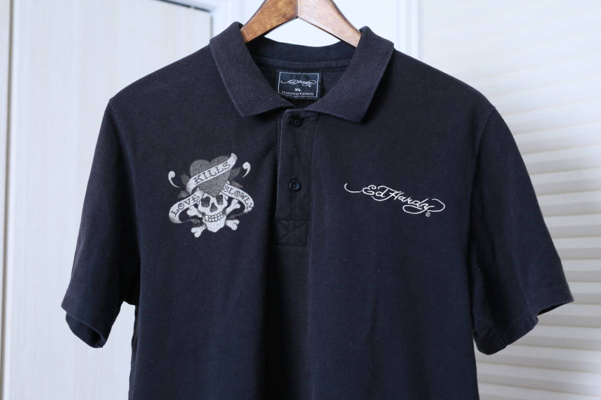 ☆Ed Hardy エドハーディー プリント刺繍加工半袖ポロシャツ 古着
