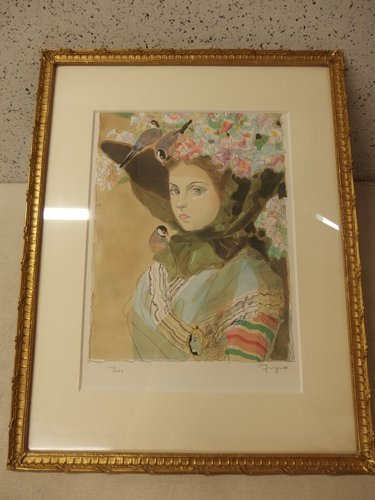 0630414w [Litografía Yoshida Fujio Chica con sombrero de flores 109/250] Enmarcado/Marco aprox. 55×70cm/Usado, Obra de arte, Huellas dactilares, Litografía, Litografía