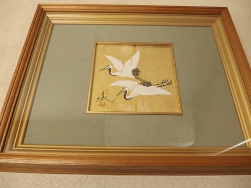 0630177w [Kutani Tsukishiro Crane Ceramic Panel Painting Kutani Ware Sankai Tsukishiro Framed Item] Frame 39.5cm, chipped 32cm / Used item, Artwork, Painting, others