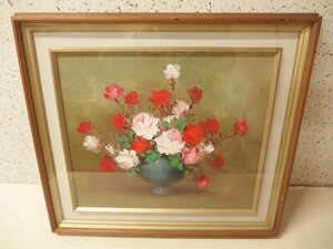 Art hand Auction 0630181w [Size B] K.○○BSON Oil painting, Vase, Framed/Frame 70×62.5cm/Used/Rose painting/Rose/Large, Interior, Painting, Oil painting, Still life