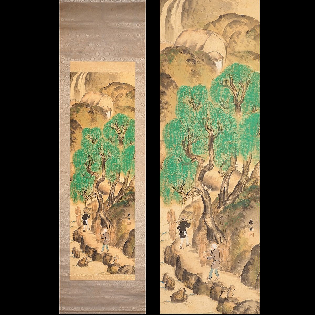 [Authentic] [Watarikan] [Katayama Nanpu] 4963 Hanging scroll, Japanese painting, Tang-style landscape painting, box, silk, flower and bird painting, Kumamoto, master Takahashi Hiroko, inscribed, Painting, Japanese painting, Landscape, Wind and moon