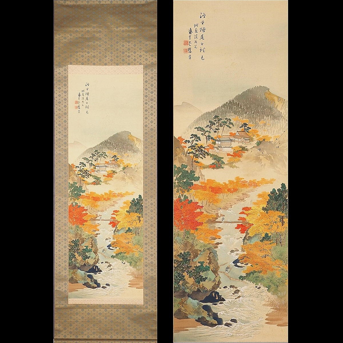 [Auténtico] [Watarikan] [Matsuda Sosetsu] 5841 Pergamino colgante Pintura japonesa Pintura de paisaje de otoño Seda en caja Pintura de paisaje Kumamoto Higo Maestro Suzuki Shonen Inscrito, Cuadro, pintura japonesa, Paisaje, viento y luna